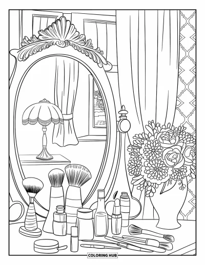 Dibujo para colorear Coquette para adultos: Botellas vintage y flores se reflejan en un espejo junto a la ventana