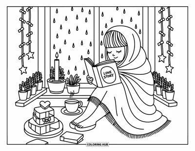 Dibujo para colorear Coquette para adultos: Envuelta en un chal, una chica lee con té y plantas junto a una ventana lluviosa
