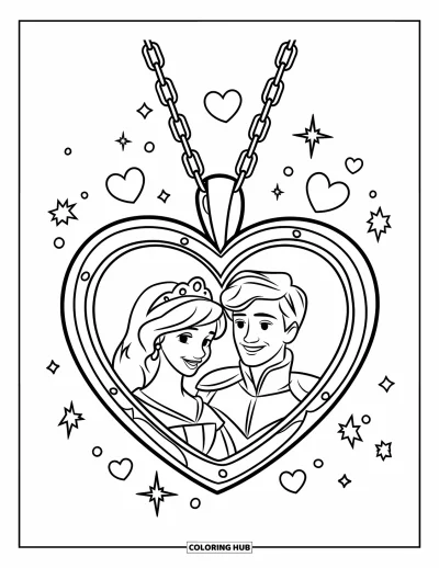 Dibujo para colorear Coquette para niños: Un gran relicario de corazón muestra a un príncipe y una princesa rodeados de estrellas y corazones