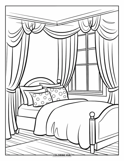 Dibujo para colorear Coquette para niños: Una cama cómoda con almohadas rosas y cortinas junto a una ventana soleada