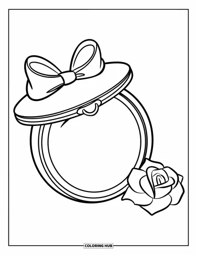 Dibujo para colorear Coquette para niños: Un espejo compacto con un lazo y una cara feliz junto a una rosa