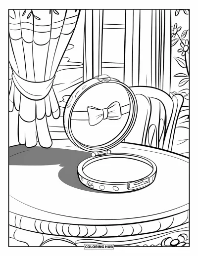 Dibujo para colorear Coquette para niños: Un espejo compacto con un lazo descansa en una habitación acogedora con una ventana