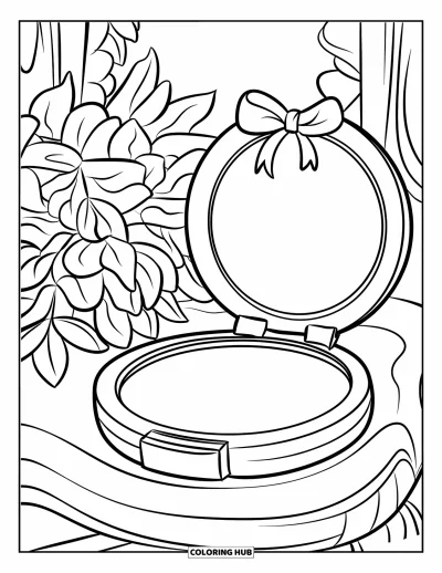 Dibujo de coquette para colorear para niños: Un espejo de bolsillo con un lazo junto a una planta sobre una mesita de madera