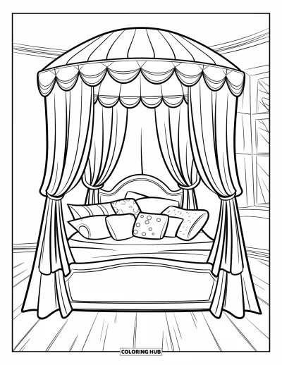 Dibujo para colorear Coquette para niños: Una cama acogedora con un dosel de cortina y muchas almohadas estampadas
