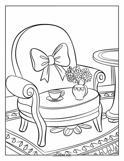 Dibujo para colorear Coquette para niños: Una silla acogedora con una almohada de lazo y una taza de té se sienta sobre una alfombra estampada