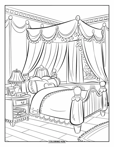 Dibujo para colorear Coquette para niños: Una habitación acogedora brilla con luces de hadas sobre una cama de felpa y almohadas suaves