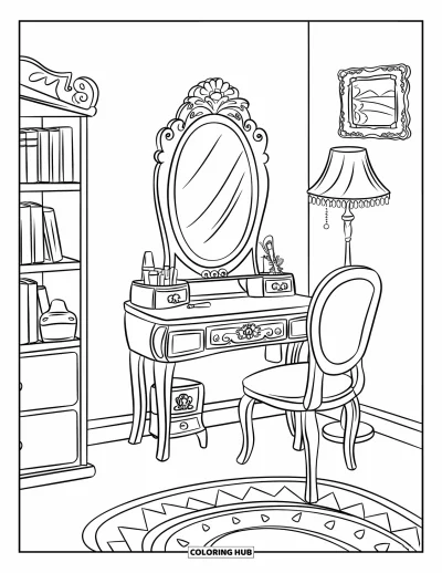 Dibujo para colorear Coquette para niños: Un rincón de tocador acogedor tiene un espejo, una silla floral y libros en el estante