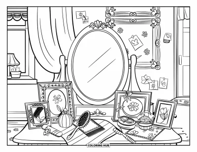 Dibujo para colorear Coquette para niños: Un tocador acogedor está decorado con artículos de belleza, notas enmarcadas y plantas