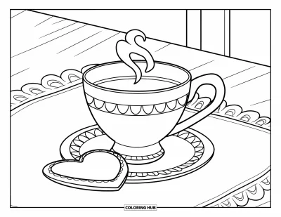 Dibujo para colorear Coquette para niños: Una linda taza de té con vapor de corazón y una galleta en una mesa de madera