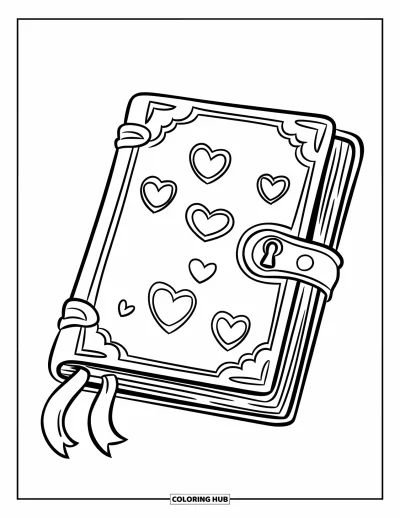 Dibujo para colorear Coquette para niños: Un diario con un candado y corazones descansa junto a un marcapáginas de cinta sobre una mesa