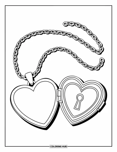 Dibujo para colorear Coquette para niños: Un relicario de corazón con un ojo de cerradura cuelga de una cadena larga y simple