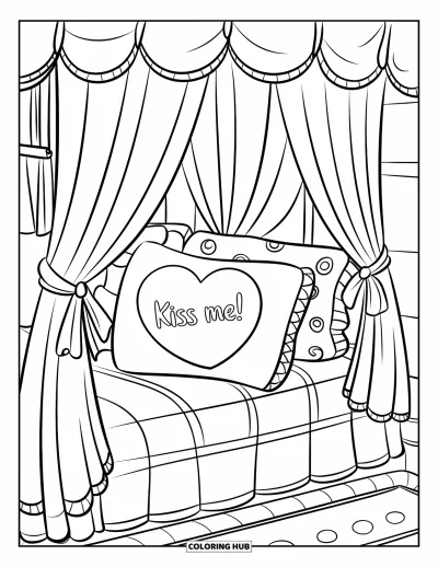 Dibujo de coquette para colorear para niños: Un cojín con forma de corazón que dice
