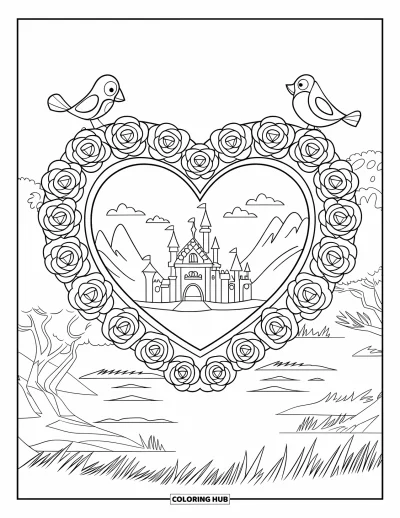 Dibujo para colorear Coquette para niños: Un marco en forma de corazón con rosas sostiene una imagen de un castillo en una vista de ensueño