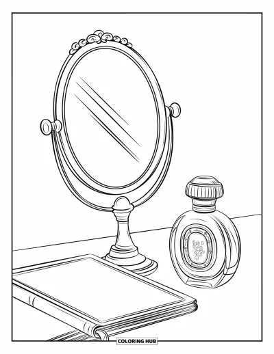 Dibujo para colorear Coquette para niños: Un espejo refleja un frasco de perfume junto a un pequeño diario tranquilo