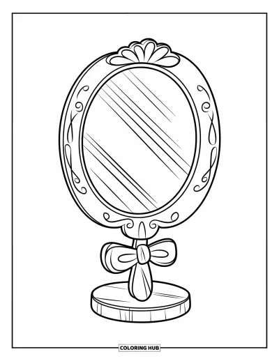 Dibujo para colorear Coquette para niños: Un espejo con un mango tallado y un lazo descansa suavemente sobre un soporte de madera