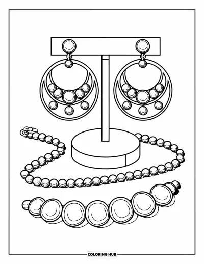 Dibujo para colorear Coquette para niños: Un juego de joyas de perlas se sienta ordenadamente en un soporte blanco, listo para brillar