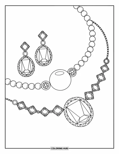 Dibujo para colorear Coquette para niños: Un collar de perlas, un brazalete de diamantes y aretes forman un deslumbrante juego de joyas