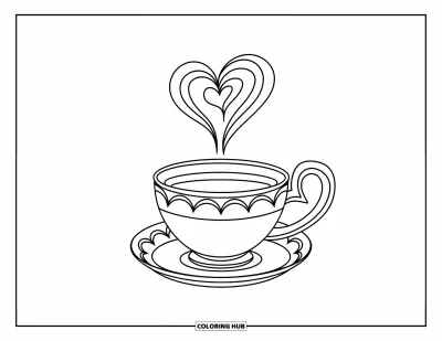 Dibujo para colorear Coquette para niños: Una taza de té rosa con vapor en forma de corazón y una tetera con un asa de corazón