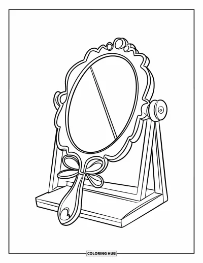Dibujo para colorear Coquette para niños: Un bonito espejo con un mango de lazo se sienta tranquilamente en un soporte, listo para admirar