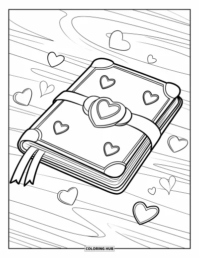 Dibujo para colorear Coquette para niños: Un diario marcado con una cinta yace sobre madera con corazones esparcidos cerca