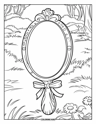 Dibujo para colorear Coquette para niños: Un espejo envuelto en cinta se encuentra en un bosque florido lleno de árboles y calma