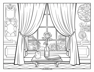 Dibujo para colorear Coquette para niños: Una rosa se sienta sobre una mesa debajo de cortinas suaves, con arte y una vela cerca