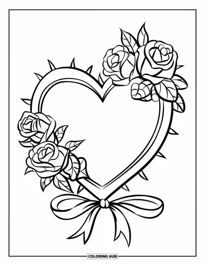 Dibujo para colorear Coquette para niños: Un marco de corazón envuelto en rosas se encuentra vacío con una cinta atada en la base