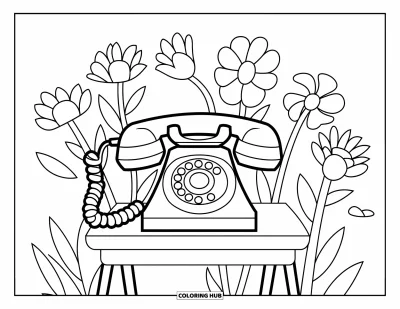 Dibujo para colorear Coquette para niños: Un teléfono rotatorio descansa sobre una pequeña mesa con flores en una escena divertida y detallada