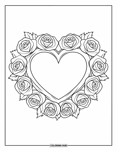 Dibujo para colorear Coquette para niños: Un borde de rosa con bordes afilados rodea un marco de fotos en forma de corazón sobre blanco