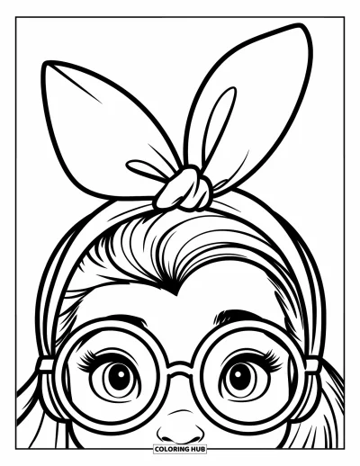 Dibujo para colorear Coquette para niños: Un personaje sonriente con gafas lleva una diadema de cinta con un gran lazo