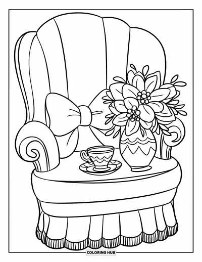 Dibujo para colorear Coquette para niños: Un sillón suave tiene una almohada de lazo, una taza de té y un florero