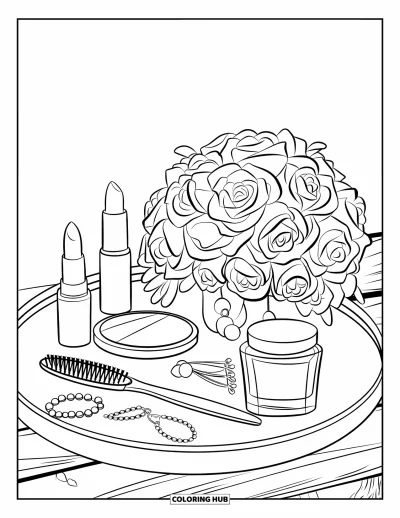 Dibujo para colorear Coquette para niños: Una bandeja con maquillaje y flores se encuentra junto a aretes y un brazalete
