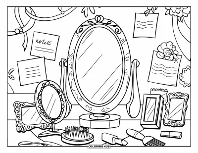Dibujo para colorear Coquette para niños: Un espejo de tocador se encuentra entre fotos enmarcadas, notas y bonitos artículos de belleza