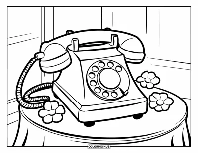 Dibujo para colorear Coquette para niños: Un teléfono antiguo y flores se sientan tranquilamente en una habitación simple y relajante