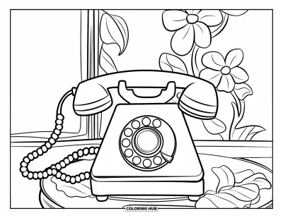 Dibujo para colorear Coquette para niños: Un teléfono antiguo se sienta en una mesa auxiliar rodeado de flores y contornos suaves