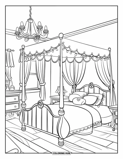 Dibujo para colorear Coquette para niños: Un dormitorio de estilo vintage tiene una cama con dosel, una cómoda y una luz suave de la ventana