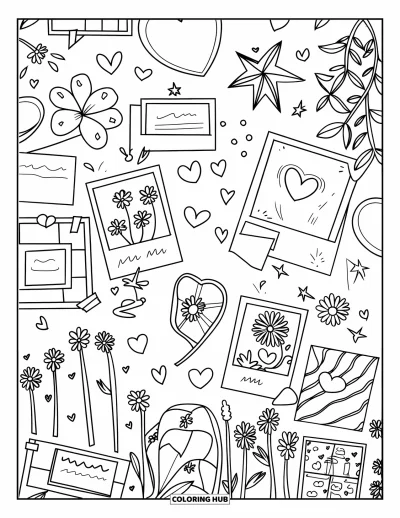 Dibujo para colorear Coquette para niños: Un collage de pared está lleno de notas lindas, fotos, corazones y flores secas