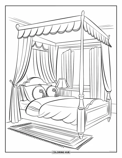 Dibujo para colorear Coquette para niños: Un dormitorio cálido con almohadas de borlas, una lámpara y una alfombra suave debajo de la cama