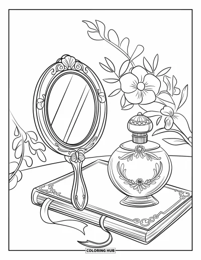 Dibujo para colorear Coquette para niños: Un espejo ornamentado, un frasco de perfume y un diario descansan cerca de pequeñas flores