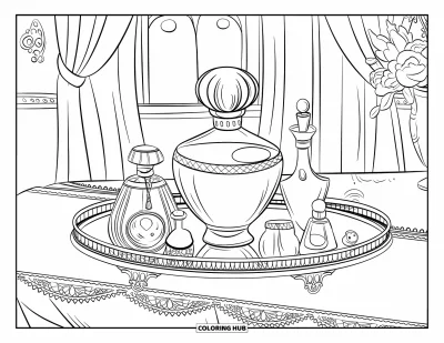 Dibujo para colorear Coquette para niños: Un frasco de perfume ornamentado se encuentra en el centro de una bandeja llena de delicados adornos