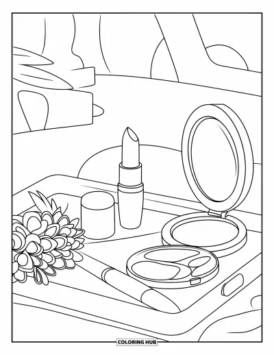 Dibujo para colorear Coquette para niños: Lápiz labial, brocha y un espejo descansan en una bandeja junto a un pequeño ramo