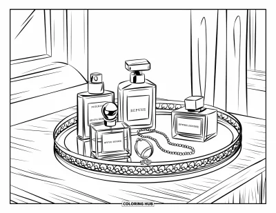 Dibujo para colorear Coquette para niños: Frascos de perfume y joyas descansan en una bandeja cerca de una ventana con cortinas suaves