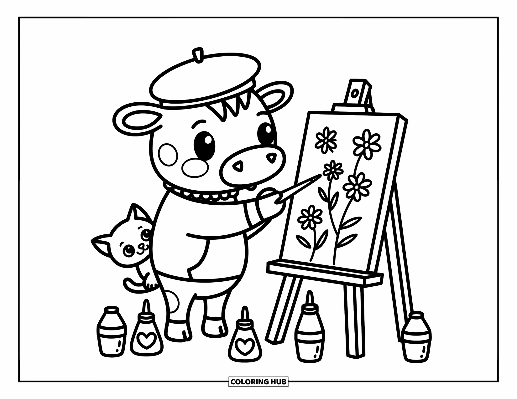Cow Coloring Page for Adults: A cow artist paints flowers with a curious kitten by the easel