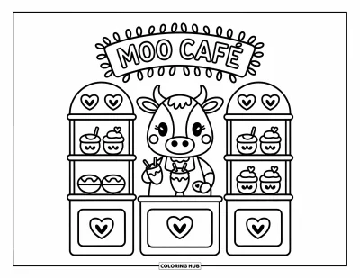 어른을 위한 소 색칠공부: 바리스타 소가 "Moo Café"에서 과자와 밀크셰이크를 내놓고 있다