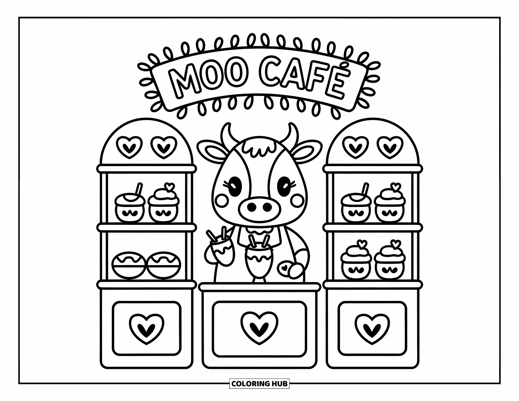 Cow Coloring Page for Adults: A cow barista at "Moo CafÈ" serves milkshakes with pastries
