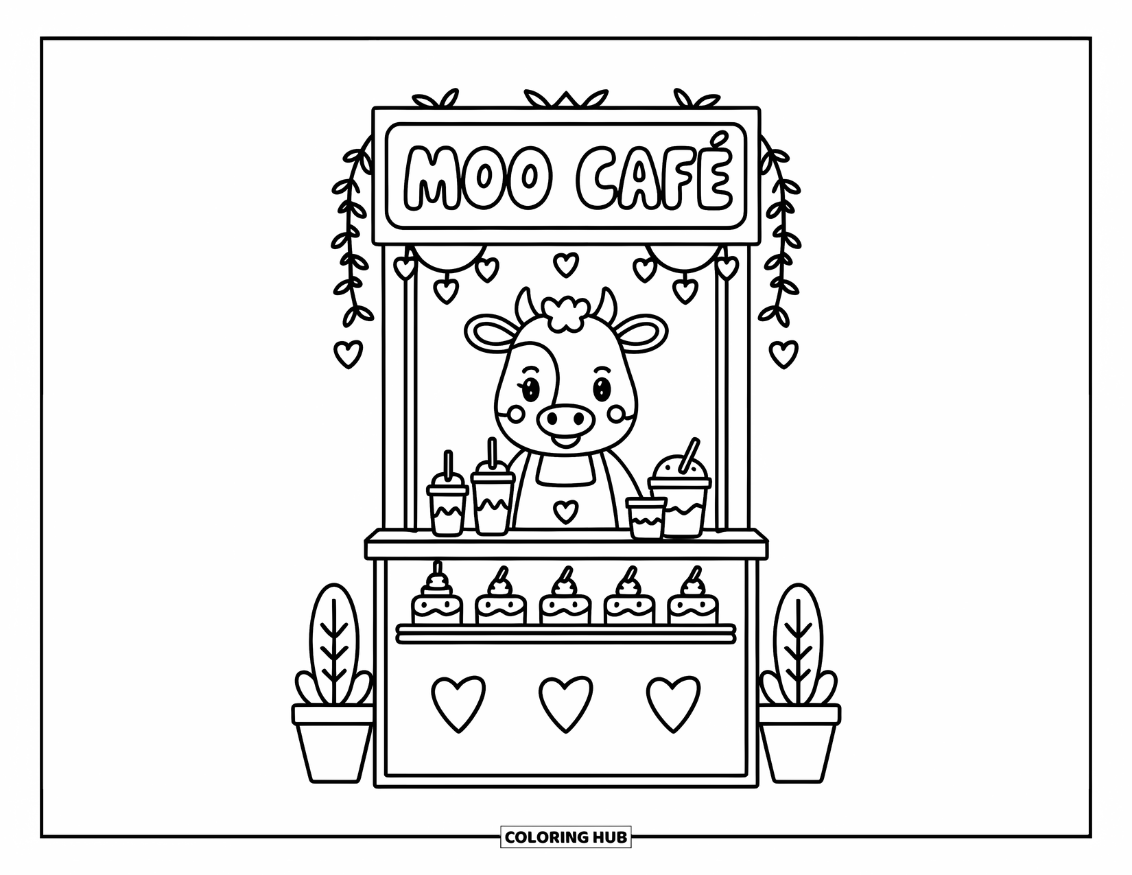 Cow Coloring Page for Adults: A cow barista serves milkshakes at a cozy stall with pastries