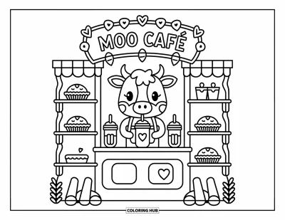 어른을 위한 소 색칠공부: 바리스타 소가 "Moo Café" 간판이 있는 작은 가판대에서 밀크셰이크를 내놓고 있다