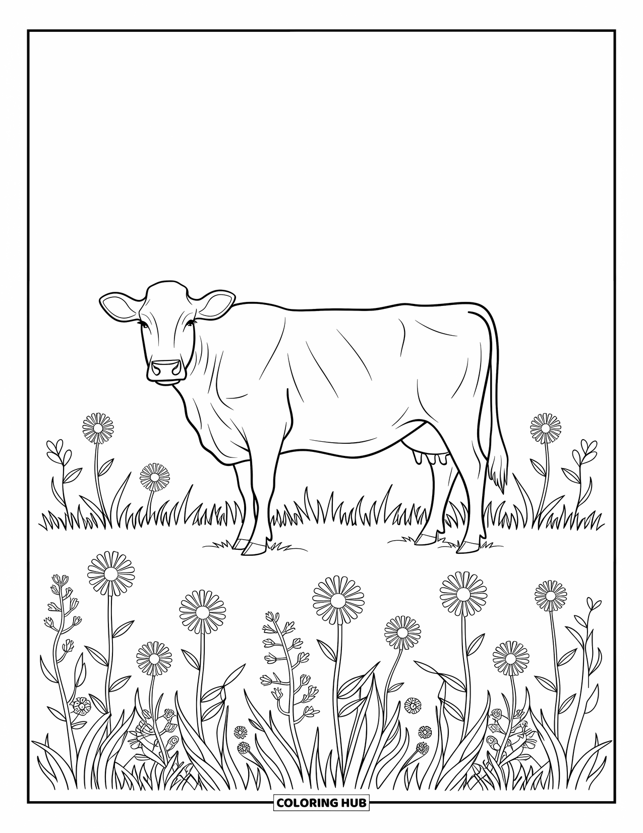 Cow Coloring Page for Adults: A cow in a meadow is surrounded by intricate wildflowers and grass patterns