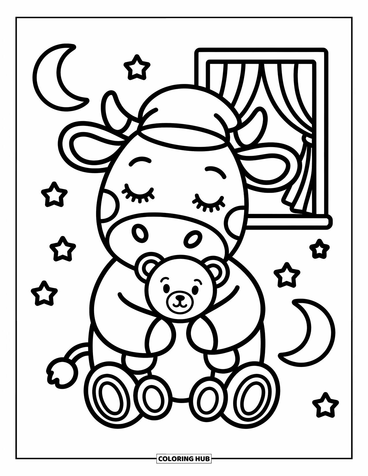 Cow Coloring Page for Adults: A cow in a nightcap cuddles a teddy bear by an open window