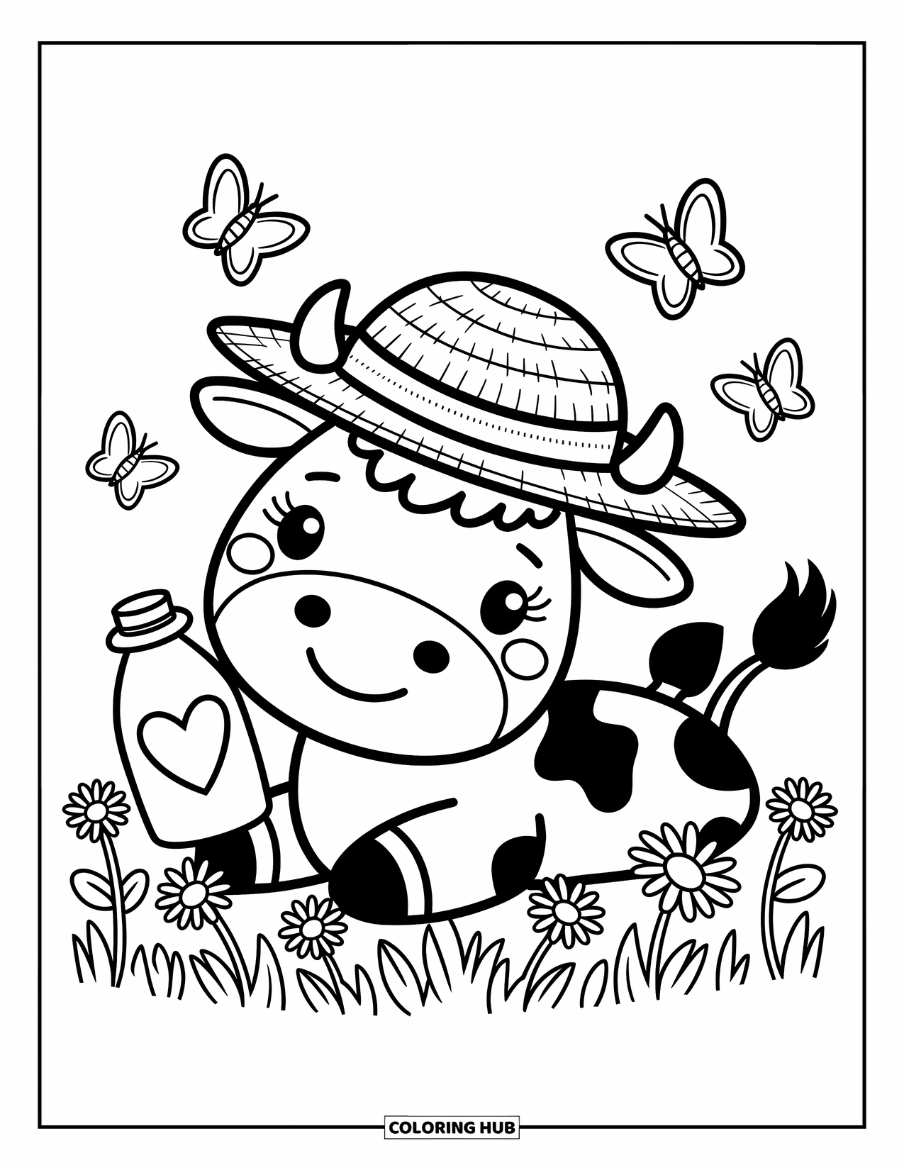 Cow Coloring Page for Adults: A cow in a straw hat lies in a meadow with a milk bottle and daisies